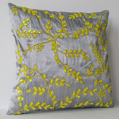 Grey Yellow throw pillows with beads detail -Beaded Leaves pillows -Silk pillows -Cushion cover -Gift pillow -16X16- Beaded Couch Pillows