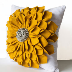 Dorm Pillow, Felt Flower Pillow Cover, Mustard Gray White Pillow Case