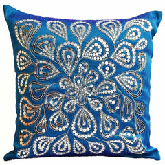 Blue Throw Pillows With Silver Sequins Dazzling Flower Floral Pillow cover