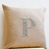 Customized Silver Sequin Monogram Pillow Cover On Beige Gray Linen