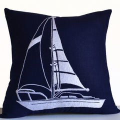 Decorative Pillow Nautical Vibe Yacht Motif In Navy Blue Linen