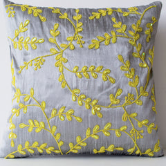 Grey Yellow throw pillows with beads detail -Beaded Leaves pillows -Silk pillows -Cushion cover -Gift pillow -16X16- Beaded Couch Pillows
