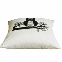 Decorative throw pillows with Owl embroidery- Ivory silk owl pillow - Animal pillow - Sequin cushion -16x16 pillows - black white pillow