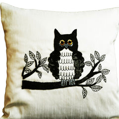 Decorative throw pillows with Owl embroidery- Ivory silk owl pillow - Animal pillow - Sequin cushion -16x16 pillows - black white pillow