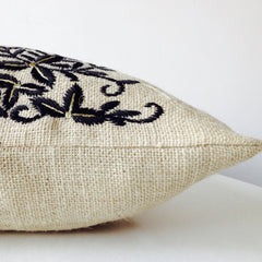 Ivory Burlap Throw Pillows- Embroidered Pillow Covers- Black flower leaves pillow Case-Modern Pillow -Floral Cushion -Gift -Bedding -16x16