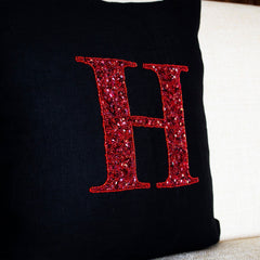 Customized Red Sequin Monogram Decorative Pillow Case in Black Linen