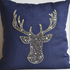Deer Pillow with Gold Silver Sequins in Linen