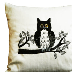 Decorative throw pillows with Owl embroidery- Ivory silk owl pillow - Animal pillow - Sequin cushion -16x16 pillows - black white pillow