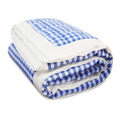 Blue Gingham Cotton Quilt - Classic Check Reversible Bedspread with Flange Edge