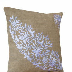 Burlap Pillows Embroidered White flower Leaves Cushion For A Modern Decor