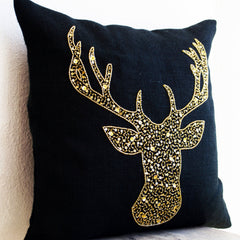 Christmas Burlap Pillow Cover with Gold Deer Sequins Embroidery