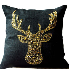 Christmas Burlap Pillow Cover with Gold Deer Sequins Embroidery