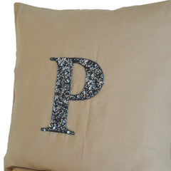 Customised Grey Sequin Monogram On Beige Linen Initial Pillow Cover