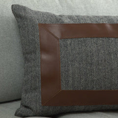 Grey Chevron Wool Throw Pillow Cover With Broad Leather Trim