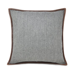 Gray Herringbone Wool Throw Pillow Cover with Leather Trim