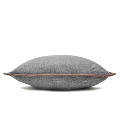 Gray Herringbone Wool Throw Pillow Cover with Leather Trim
