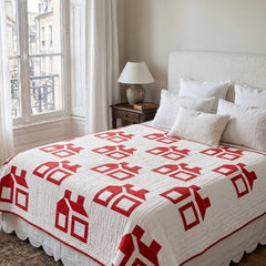 Handmade Red House Patchwork Quilt - Heirloom Cotton Bedspread, Kids Room Bedding