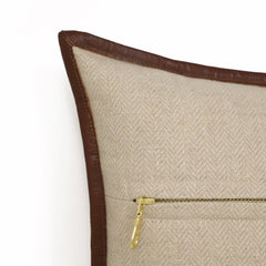 Beige Herringbone Wool Throw Pillow Cover with Brown Leather Trim