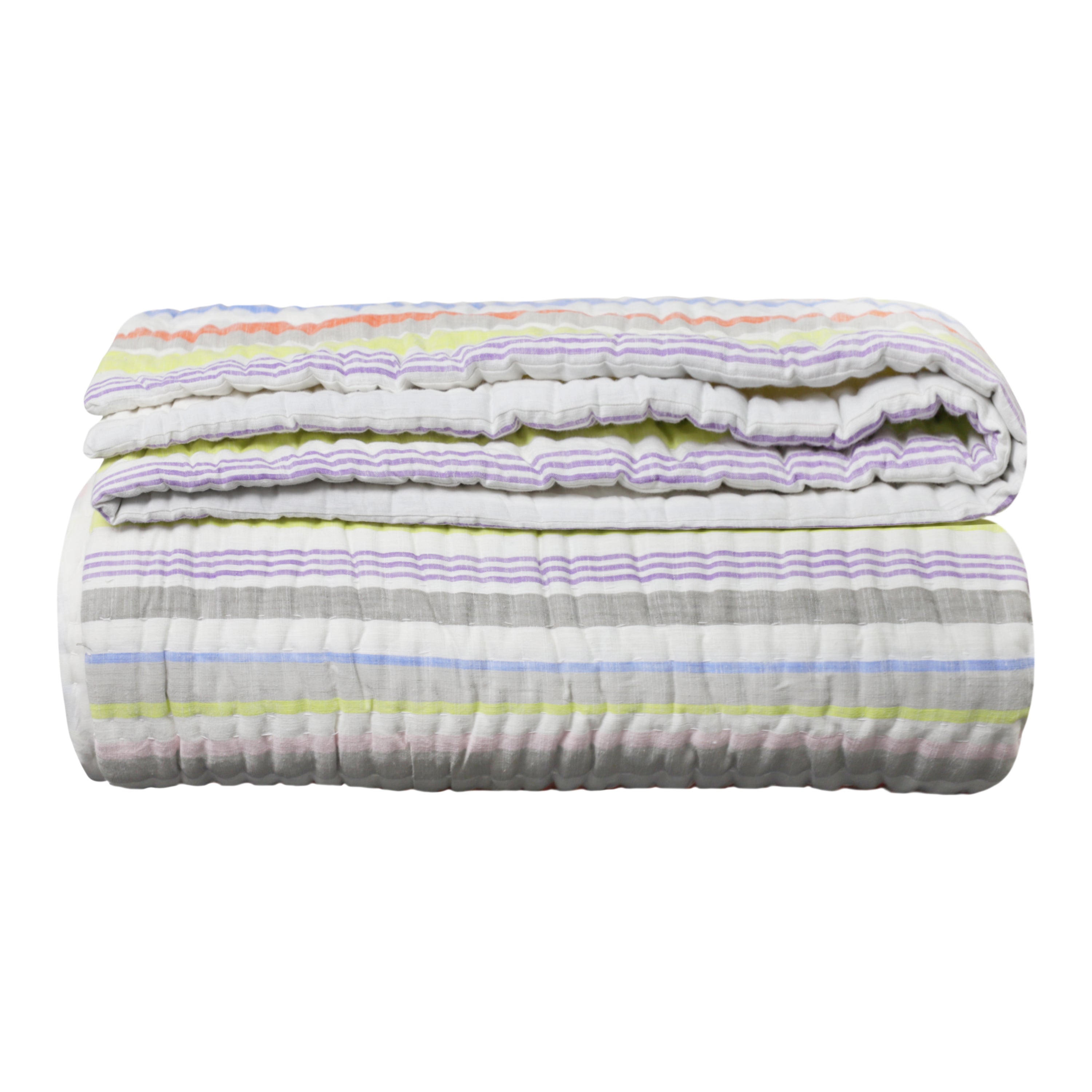 Handcrafted Striped Cotton Quilt, Colorful Washable Quilt And Shams
