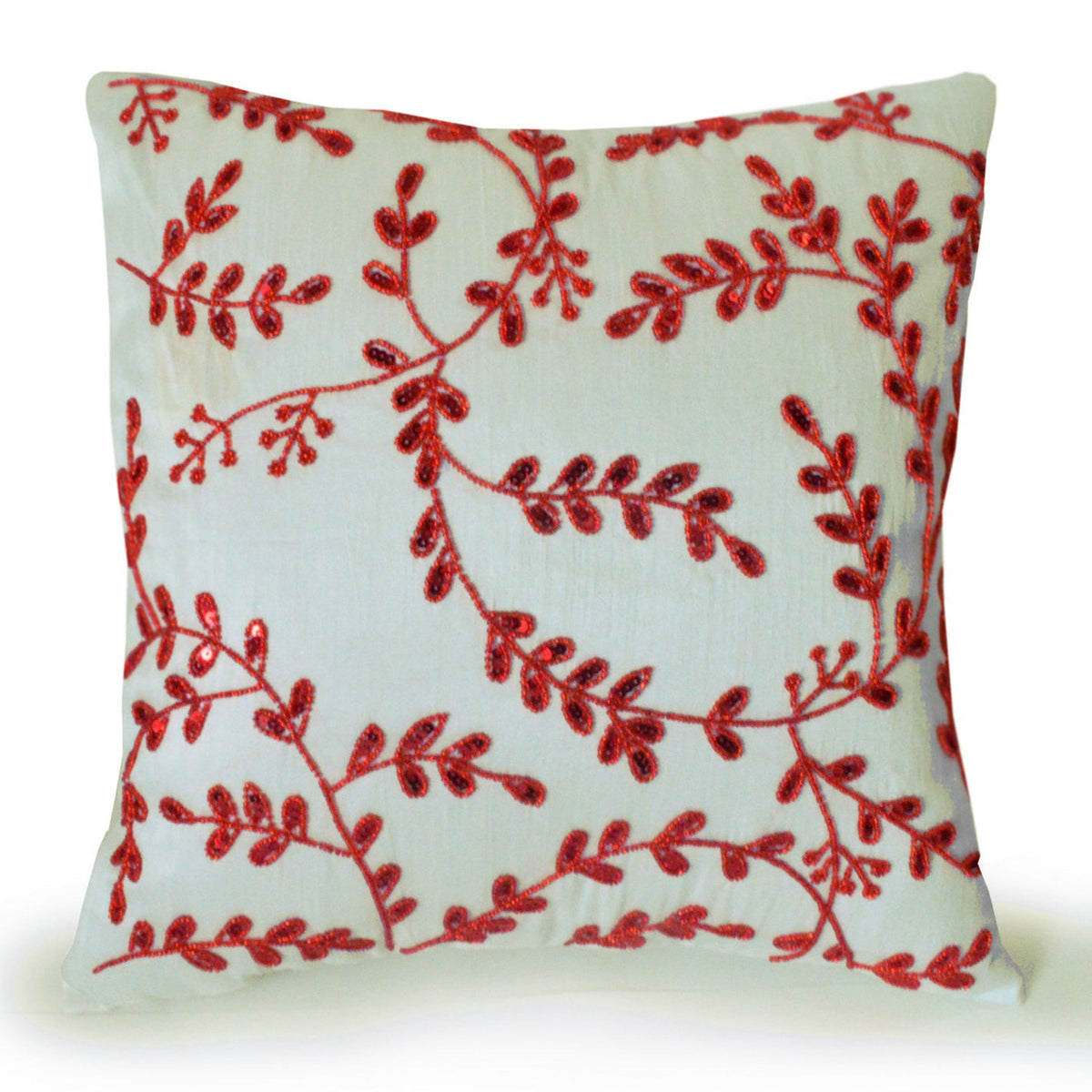 Ivory Throw Pillow Cover with Red Embellishment