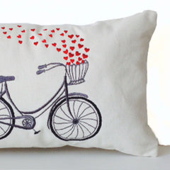 Decorative Throw Pillow Cover with Heart Bicycle Embroidered on Canvas-12x20- Engagement Wedding Anniversary Birthday Gift- Back to School