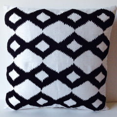 Black Ikat on White Silk Pillow Cover