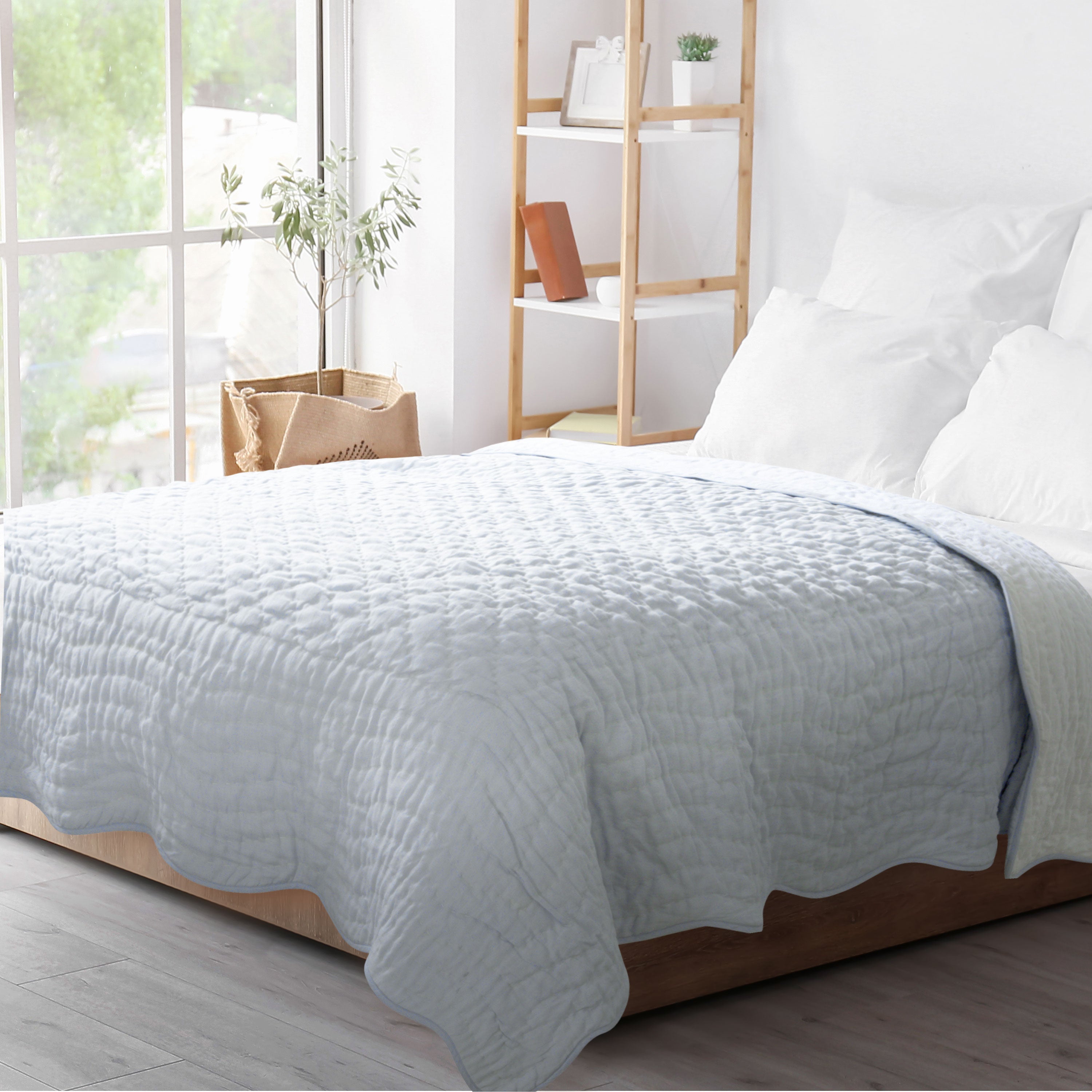 Custom Made Light Blue Scallop Linen Quilt  - All-Season Coverlet