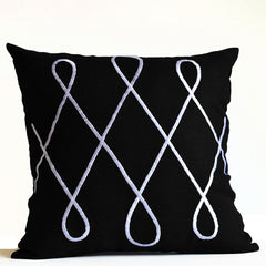 Hand Embroidered Midnight Black Linen White Loop Pillow Cover