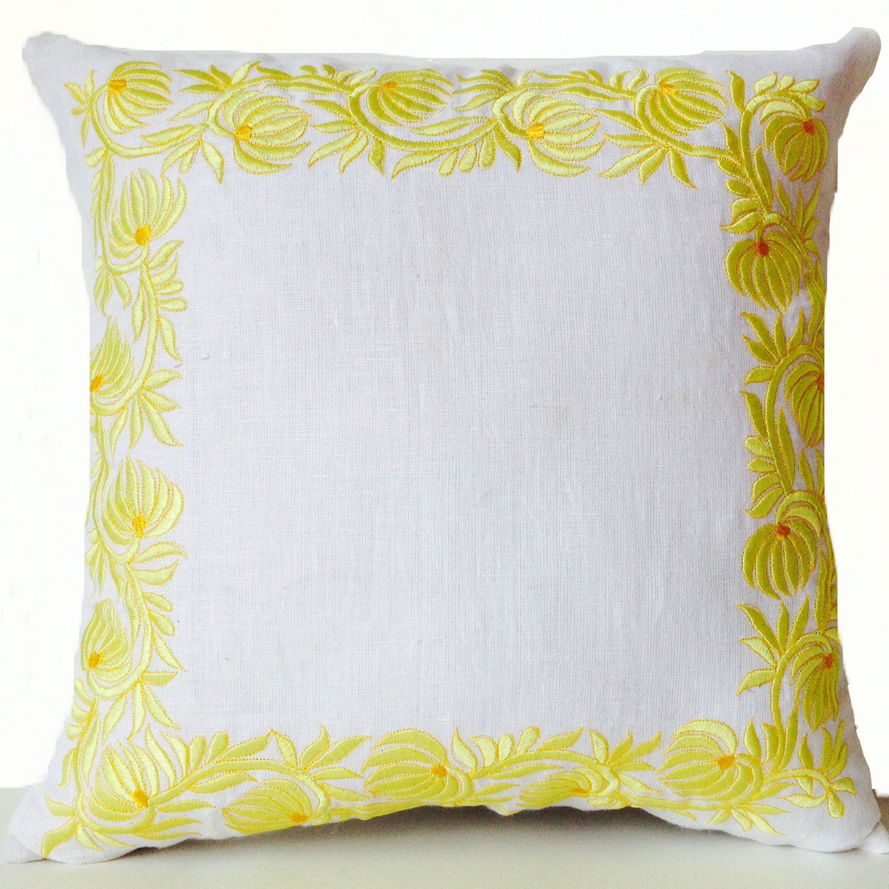 Decorative Throw Pillow Case in White Linen with Flower Embroidery - Cushion in Floral Detail - Anniversary Wedding Bridesmaid Gifts - 16x16