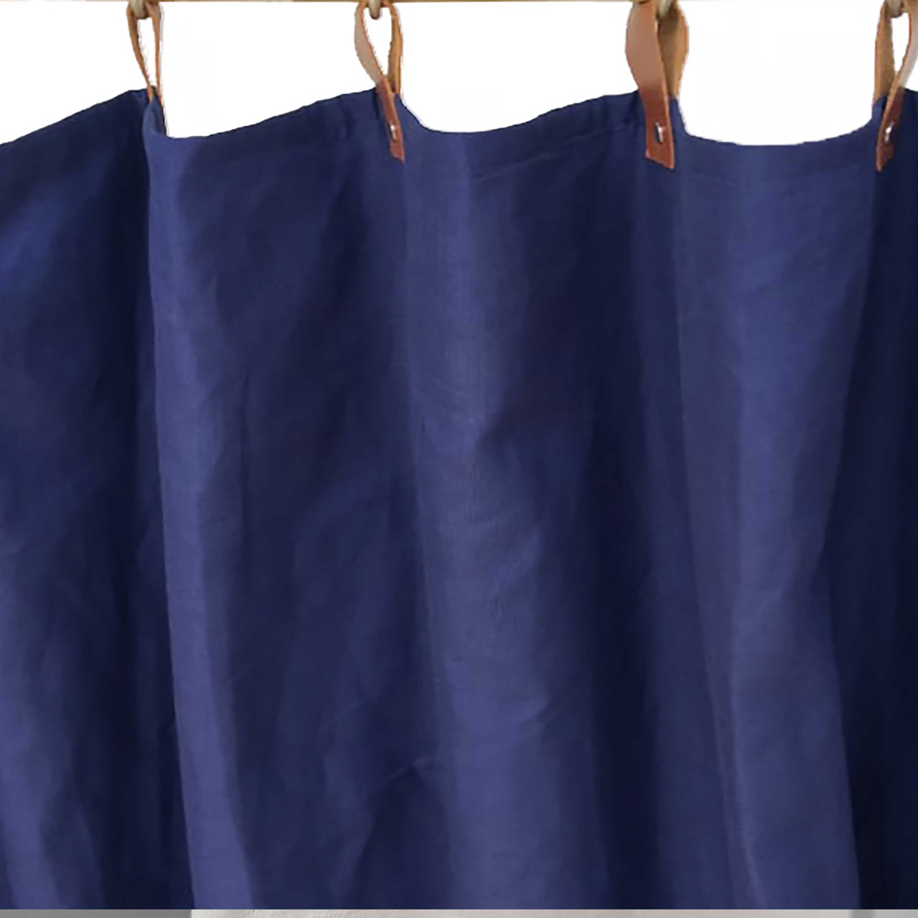 Custom Navy Blue Linen Curtains & Drapes With Leather Tab