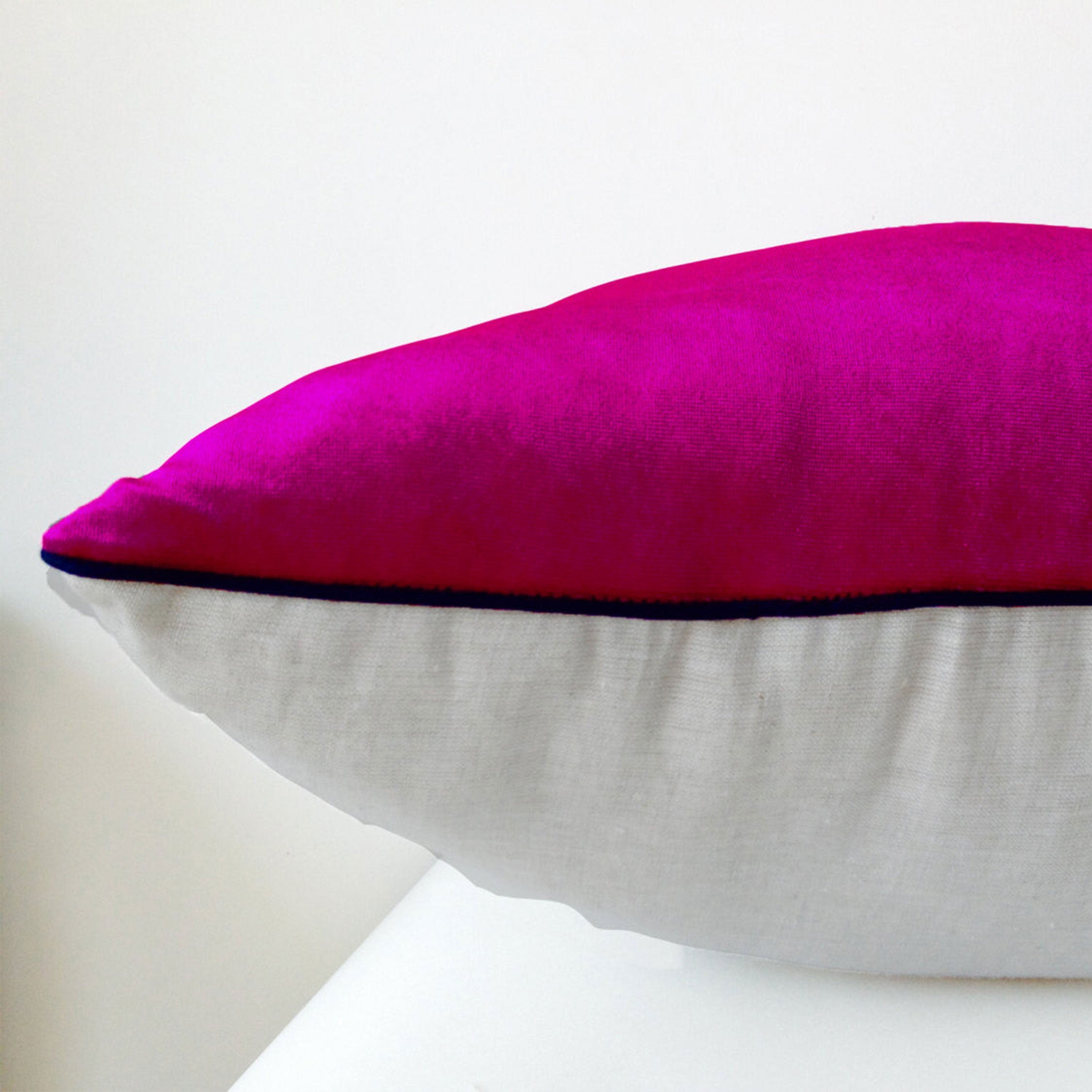 Hot Pink Velvet and Oatmeal Linen Piping Pillow Cover -Decorative Couch Case -Gift -Pink Bedding -Nursery -Dorm -