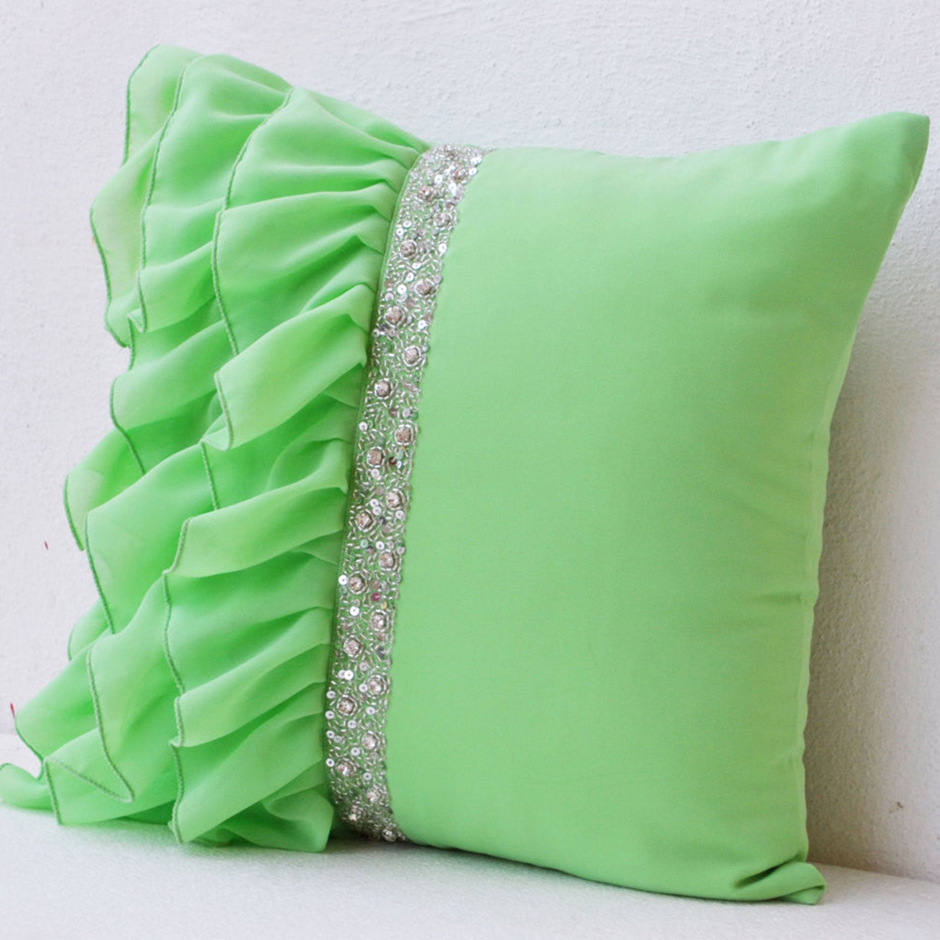 Green ruffled sequin throw pillow -16X16  Decorative Pillow- Green cushion cover- Gift pillow for Christmas , new year, wedding , Halloween.