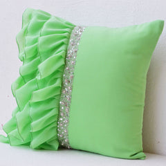 Green ruffled sequin throw pillow -16X16  Decorative Pillow- Green cushion cover- Gift pillow for Christmas , new year, wedding , Halloween.