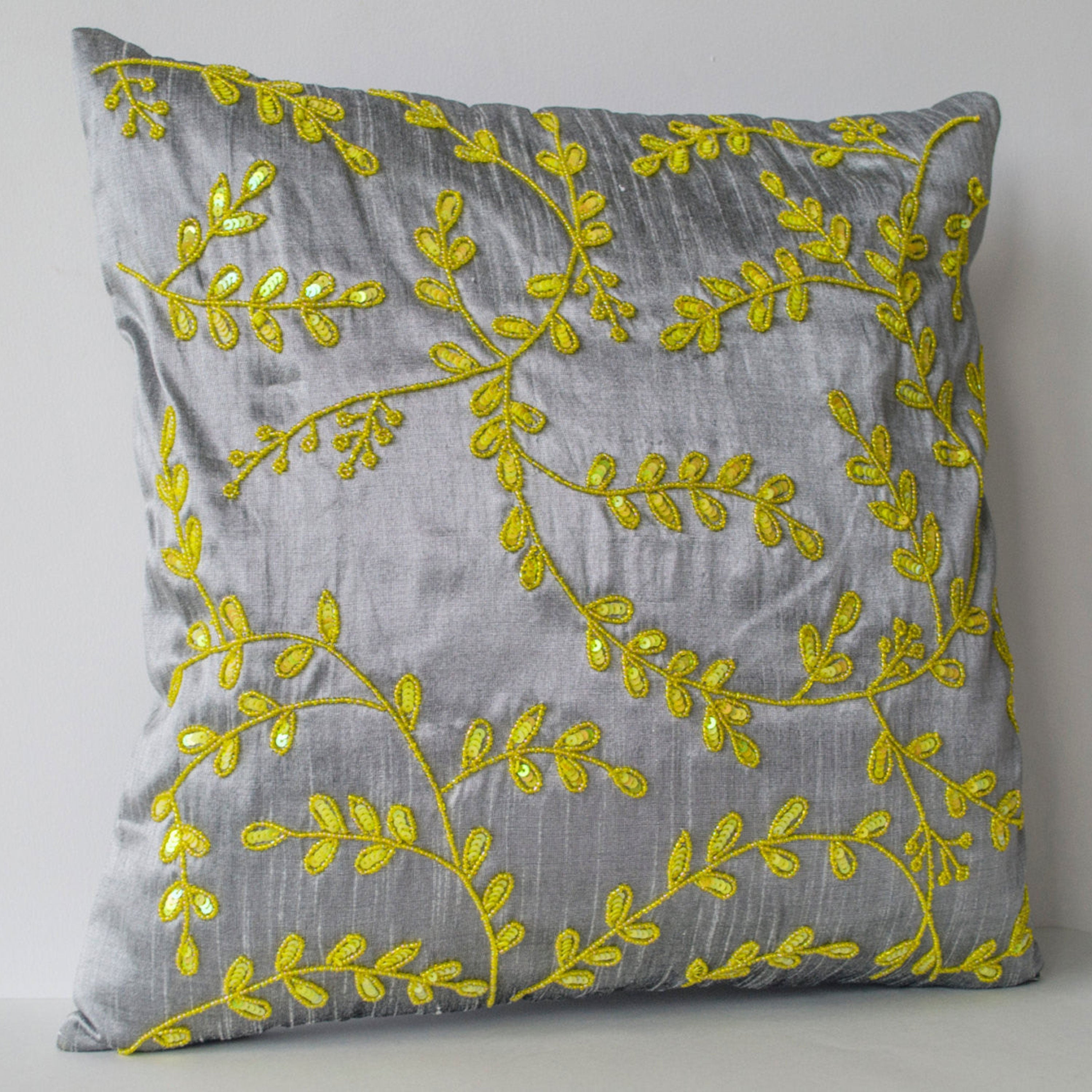 Decorative Gray Yellow Beaded Sequin Throw Pillows With Leaves