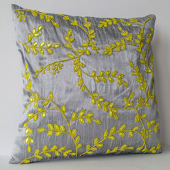 Decorative Gray Yellow Beaded Sequin Throw Pillows With Leaves