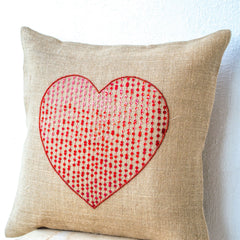 Gracious Love Large Heart Burlap Pillow Cover Embellished In Red Sequin