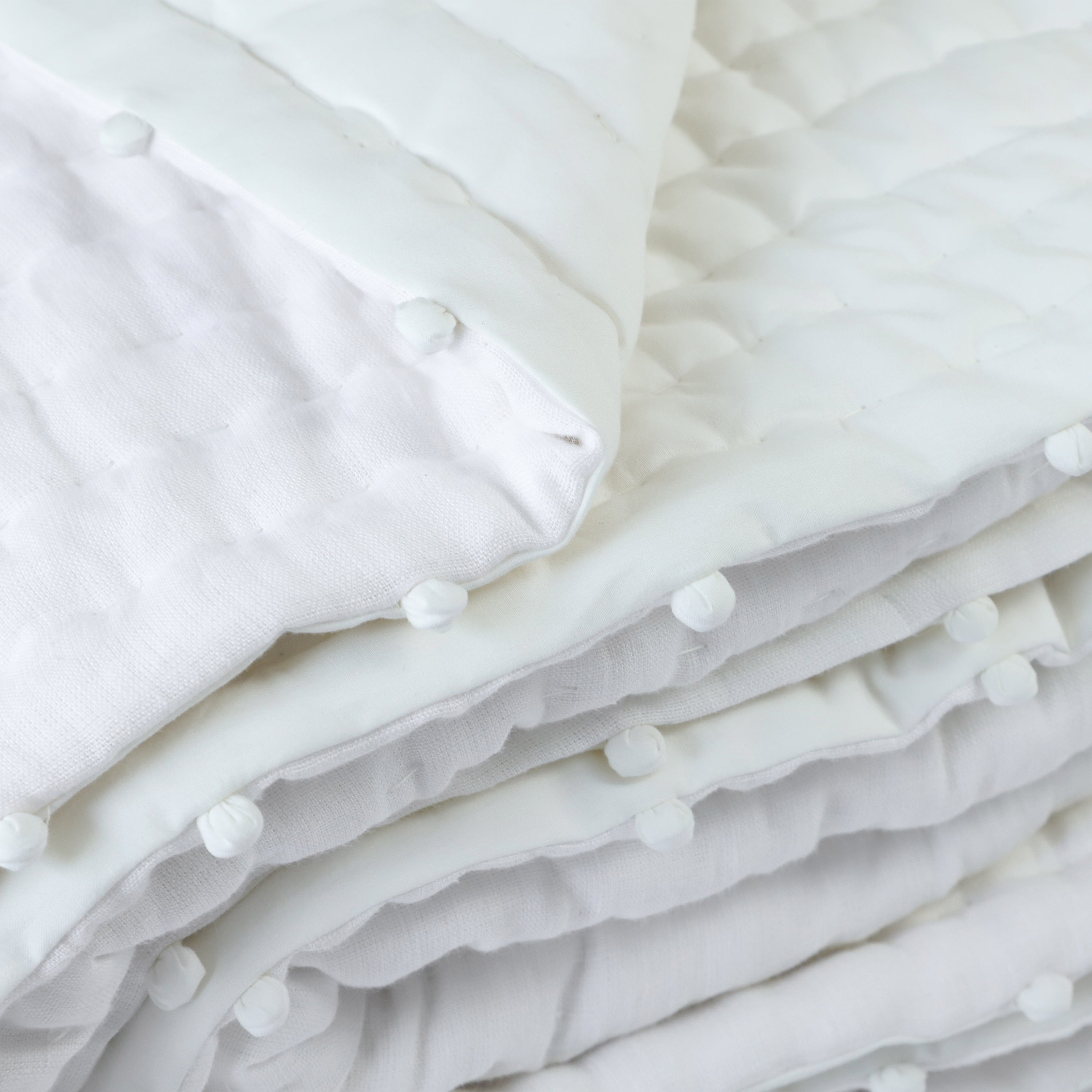 Ivory Linen Quilt With Pom Poms