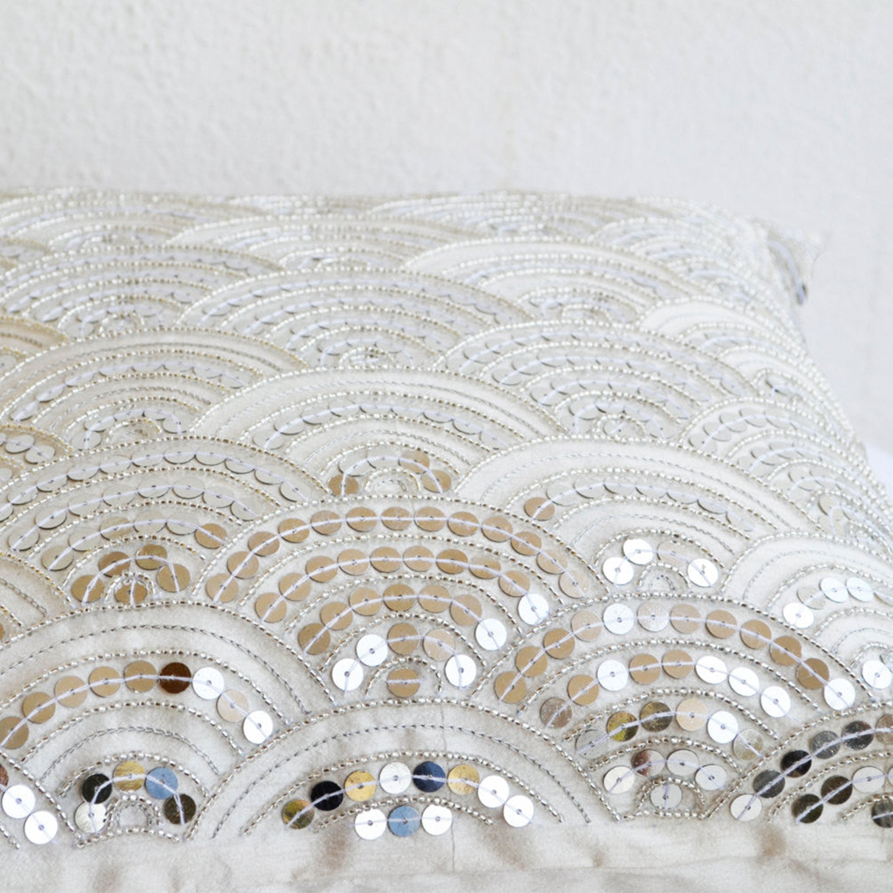Exquisitely Embroidered Ivory Throw Pillow Cover with Silver Sashiko Pattern
