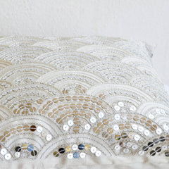 Exquisitely Embroidered Ivory Throw Pillow Cover with Silver Sashiko Pattern
