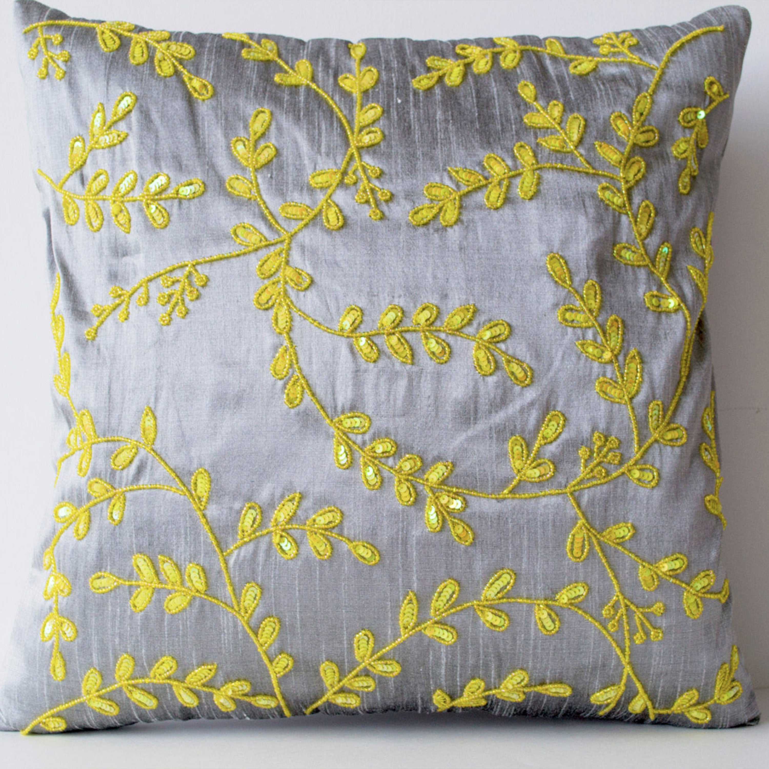 Grey Yellow throw pillows with beads detail -Beaded Leaves pillows -Silk pillows -Cushion cover -Gift pillow -16X16- Beaded Couch Pillows