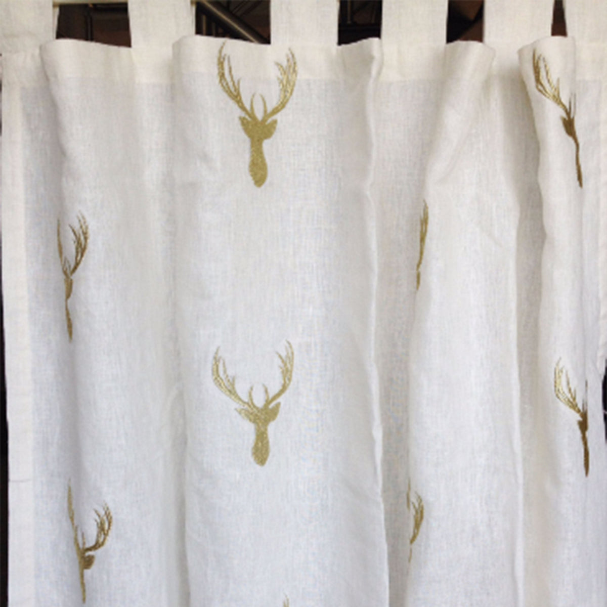 Ivory Linen Tab Top Curtain Panels with Golden Deer Embroidery