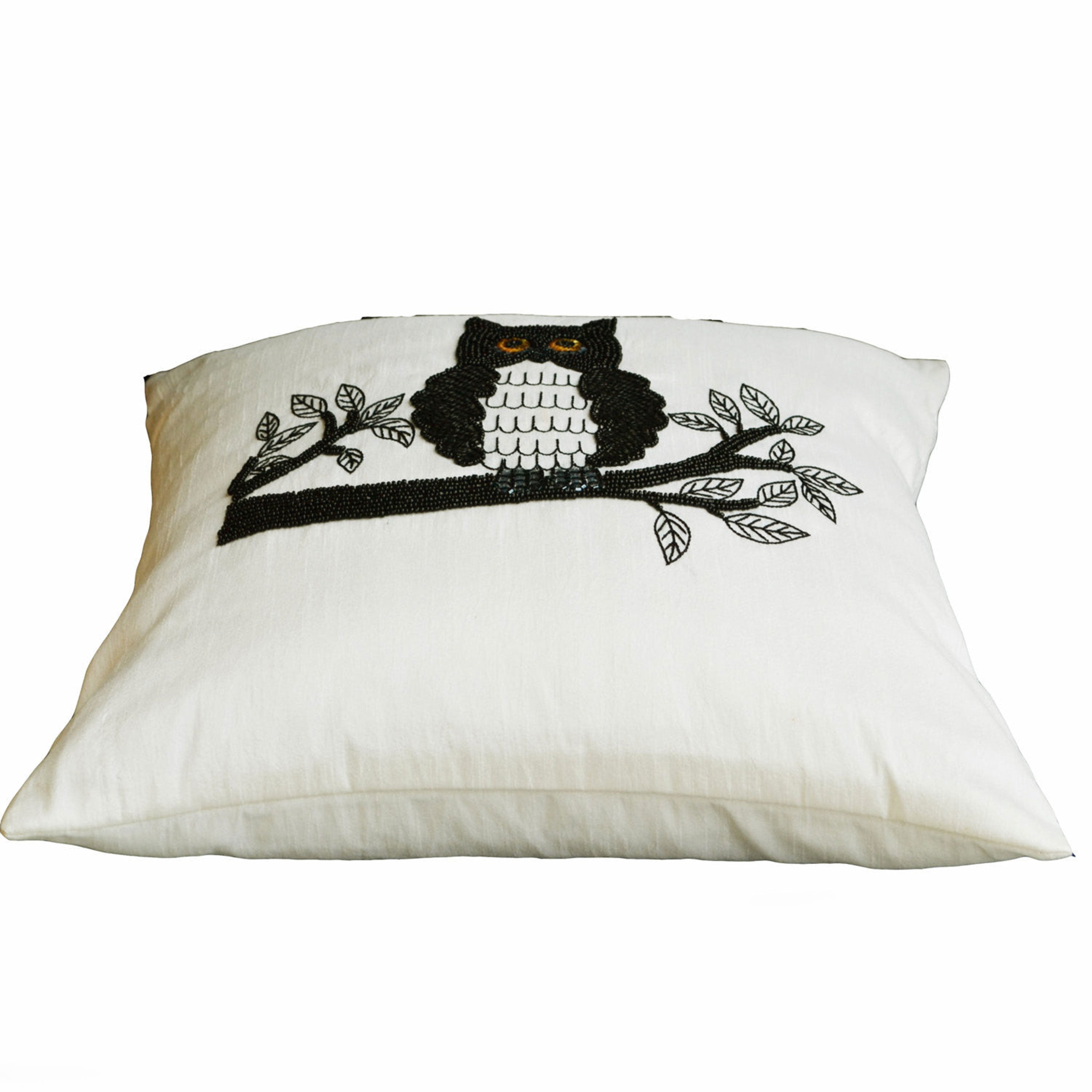 Decorative throw pillows with Owl embroidery- Ivory silk owl pillow - Animal pillow - Sequin cushion -16x16 pillows -  black white pillow