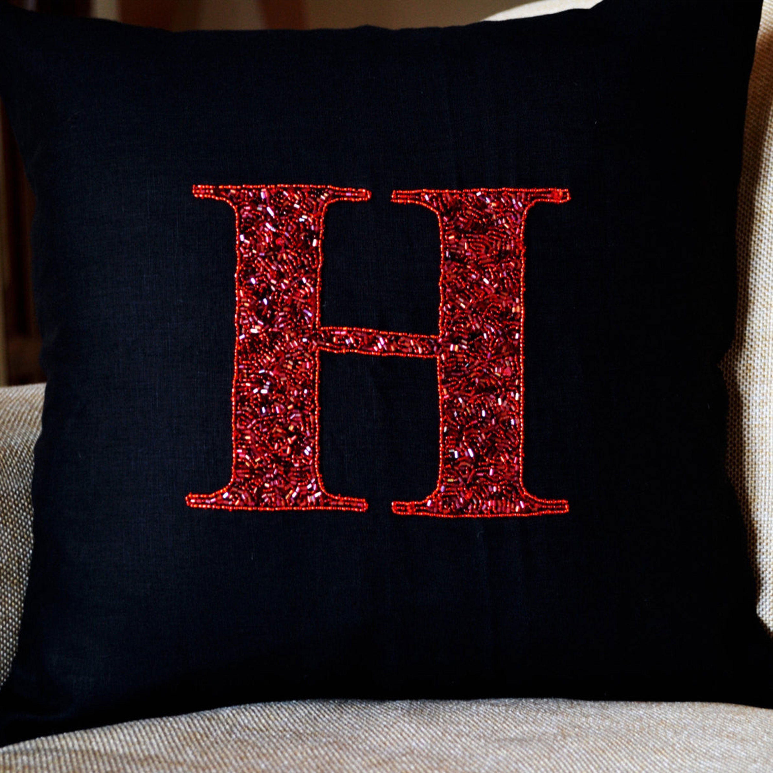 Customized Red Sequin Monogram Decorative Pillow Case in Black Linen