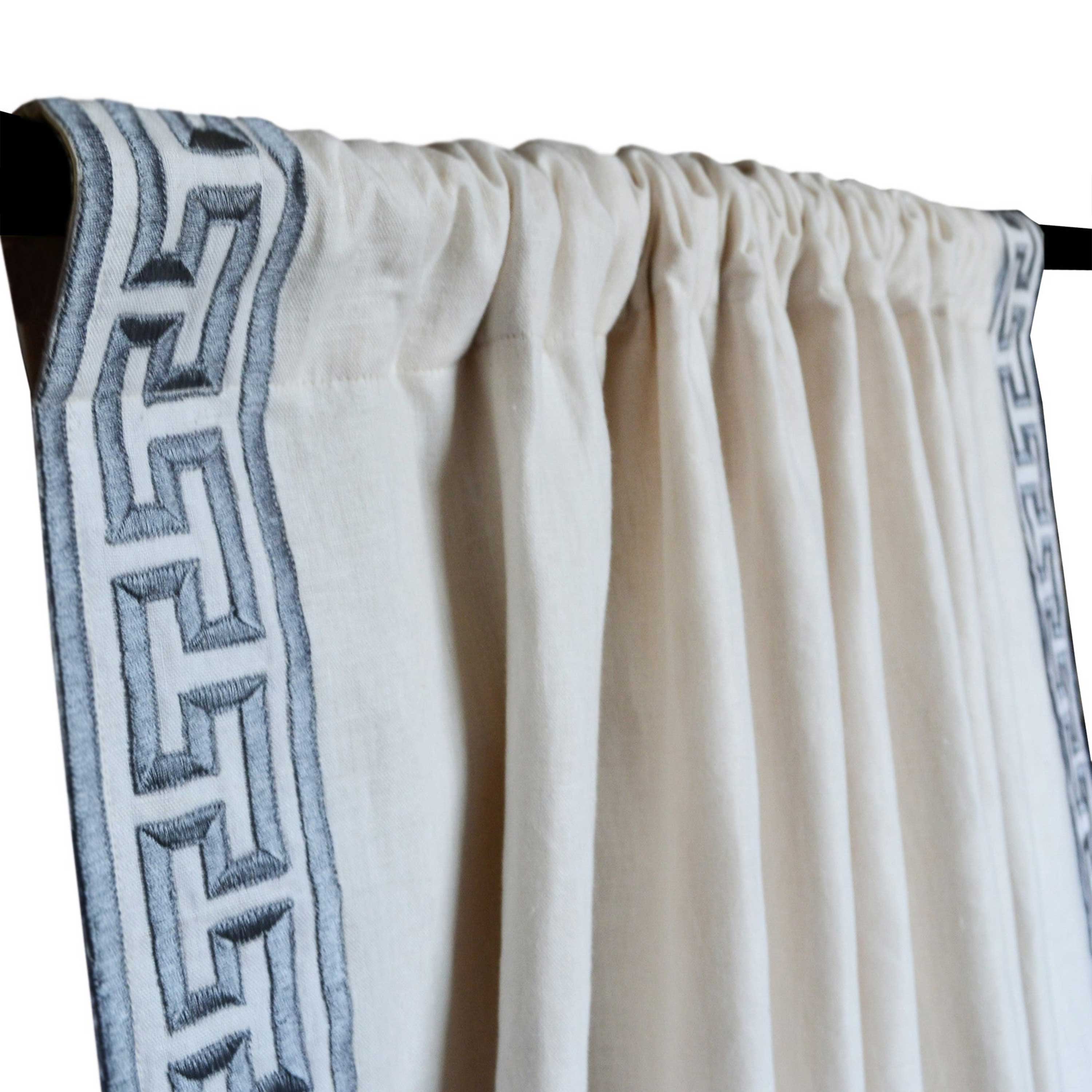 Ivory Linen Curtain With Gray Greek Key Embroidery On Either Side