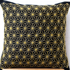 Gold Hemp Leaf Embroidery Sashiko Pillow Case On Black Faux Silk Designer Cushion