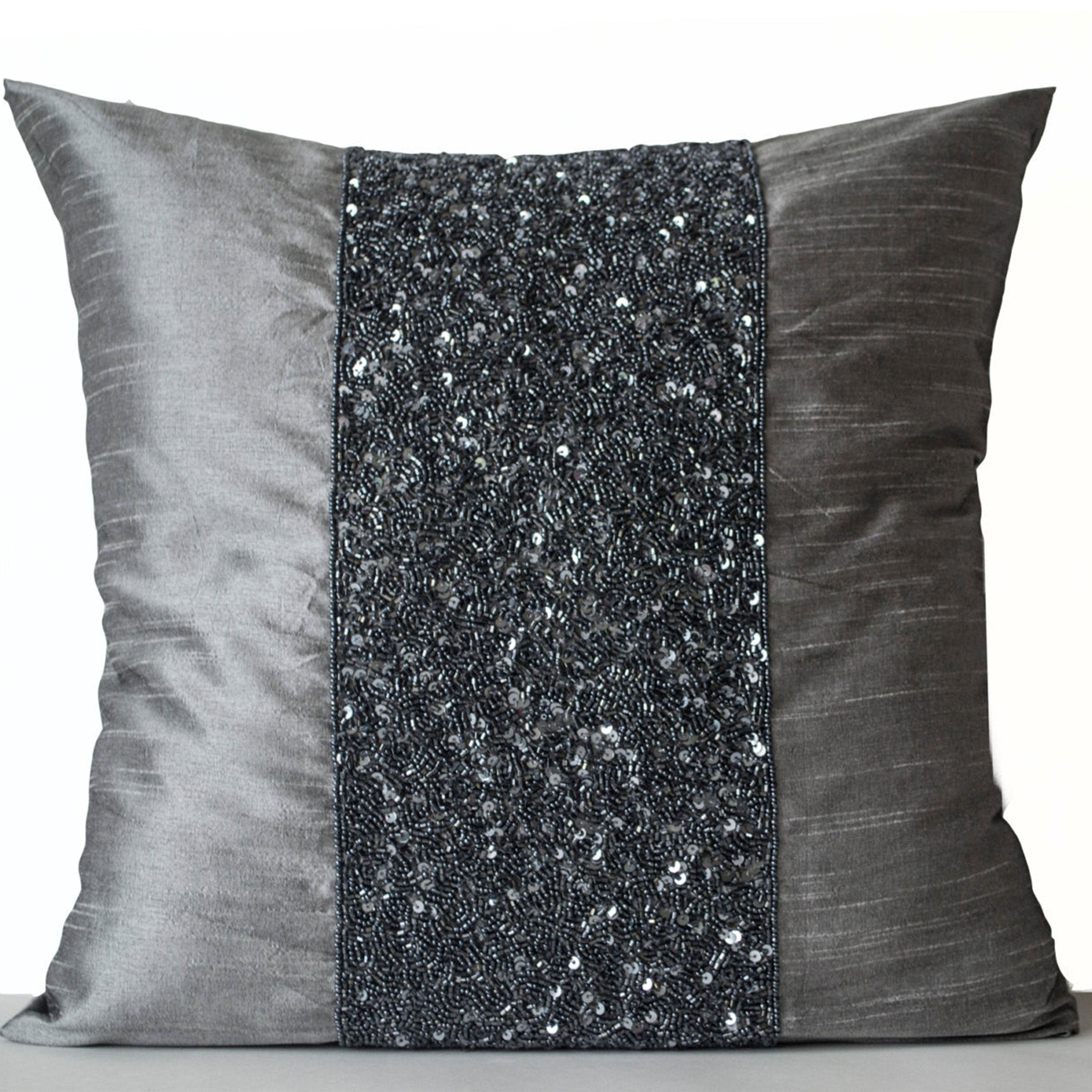 Grey beaded Pillows -Grey Silk Metallic Pillow cover -Sparkle Pillow -Gray Beads Embroidered Pillow -16x16 -Gift -Beaded Cushions -Grey Bead