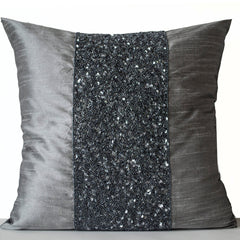 Grey beaded Pillows -Grey Silk Metallic Pillow cover -Sparkle Pillow -Gray Beads Embroidered Pillow -16x16 -Gift -Beaded Cushions -Grey Bead