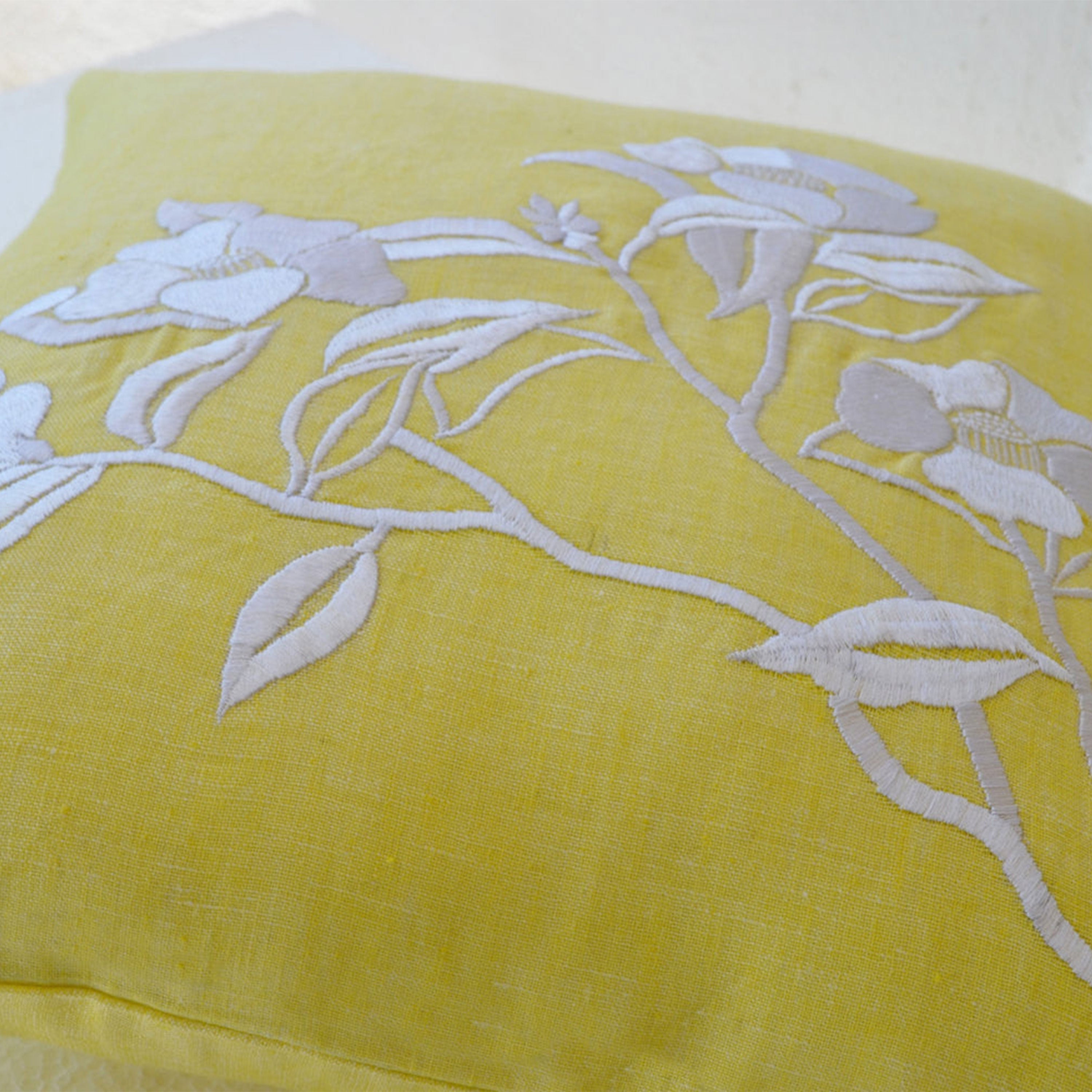 Flower Pillow- Yellow Pillow Cover -Iris Flowers Embroidered Pillow- Linen Pillow Covers- Modern Throw pillows- 16x16- Yellow White Pillows