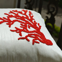 Ivory white pillow - Beaded coral pillow - Decorative throw pillow - Nautical pillow - Coral reef pillow - Silk pilow - 16x16 - gift pillow