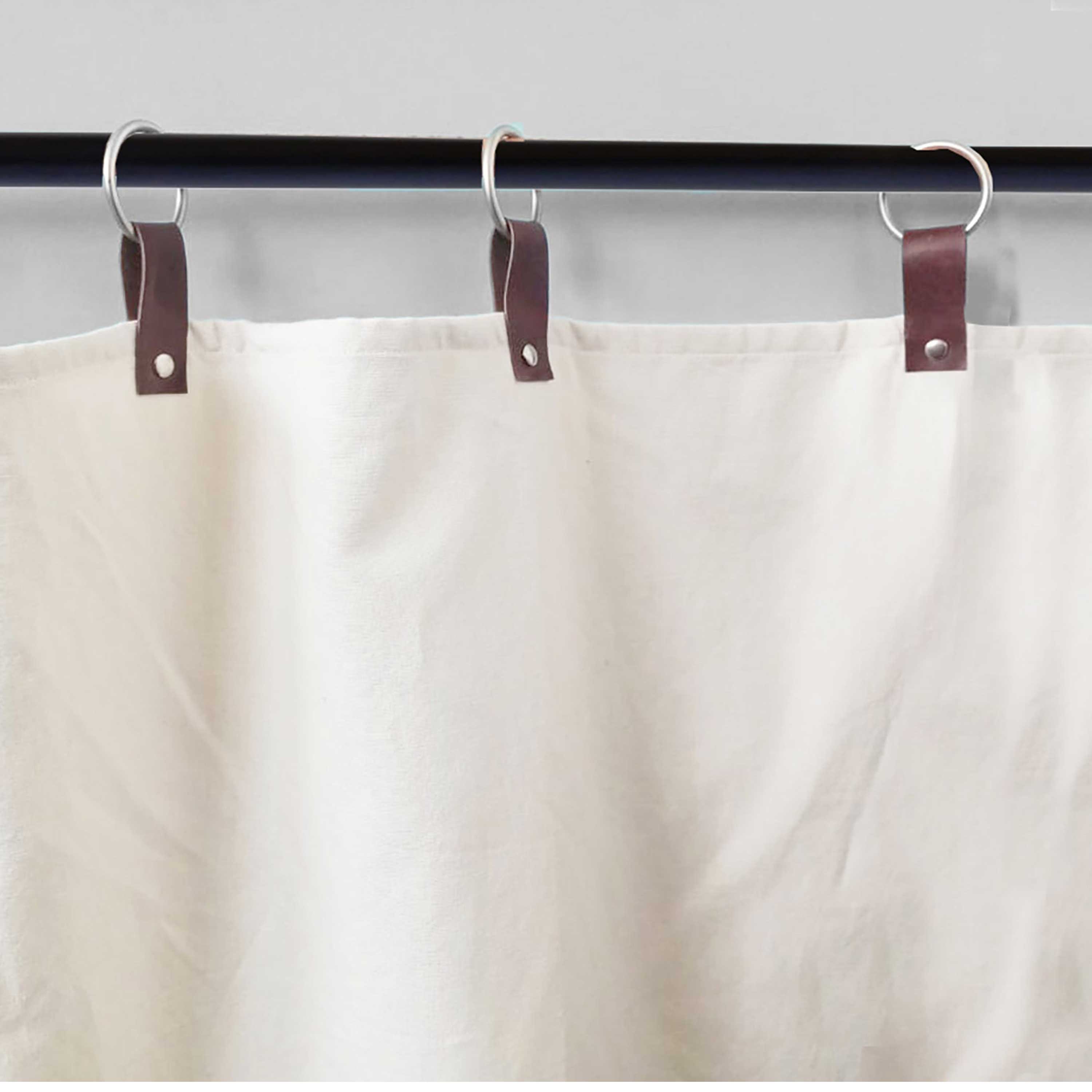 Custom Navy Blue Linen Curtains & Drapes With Leather Tab